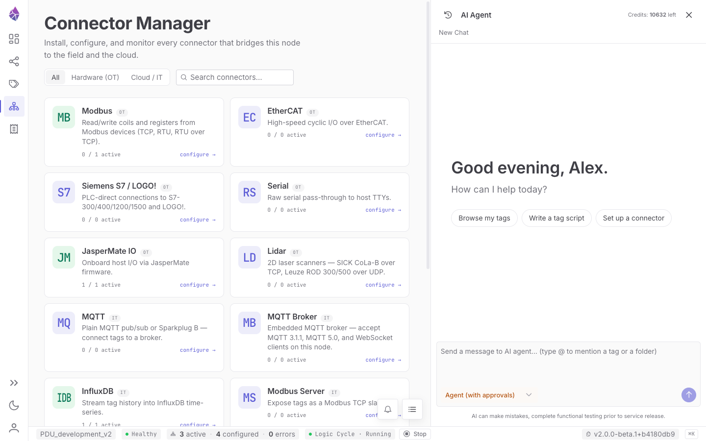 Connector Manager — the catalog and the live instances table