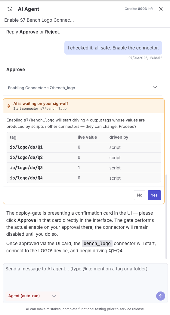 The Deploy Gate in action — the agent asks for sign-off before enabling a connector that would start driving a physical output