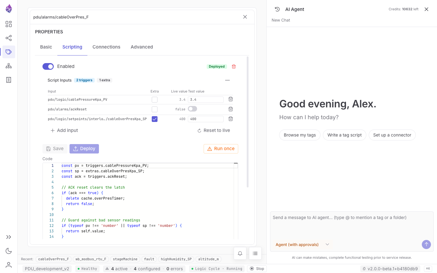 The Scripting tab — editor, triggers, test panel and run stats